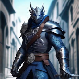 High quality image of a male silver dragonborn rogue from Dungeons and Dragons