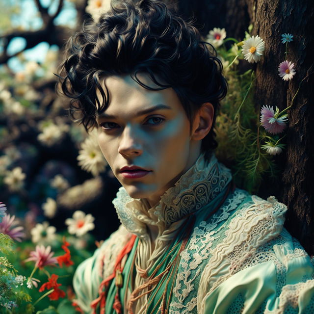 Hyper-realistic 3D photograph of an androgynous Russian man in Rococo attire in a vibrant mystical forest with a flower aesthetic.