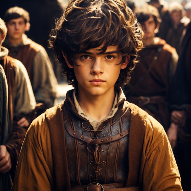 A detailed portrait of a 15-year-old medieval boy squire with a determined expression, wearing a tunic and chainmail shirt, set in a castle courtyard