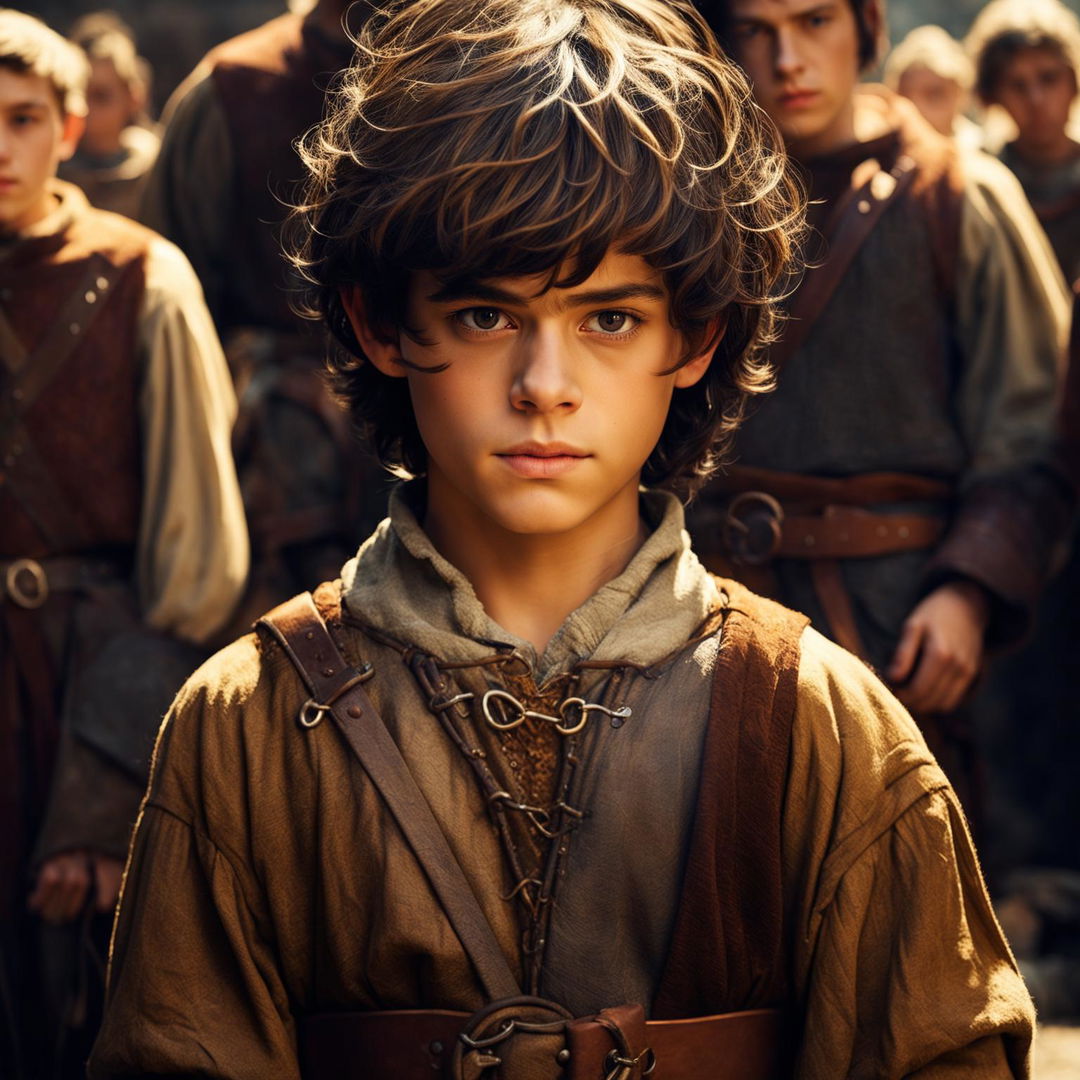 A detailed portrait of a 14-year-old medieval boy squire with a determined expression, wearing a tunic and chainmail shirt, set in a castle courtyard