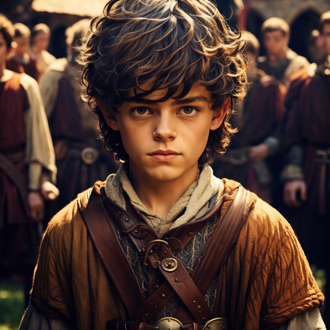 A detailed portrait of a 14-year-old medieval boy squire with a determined expression, wearing a tunic and chainmail shirt, set in a castle courtyard