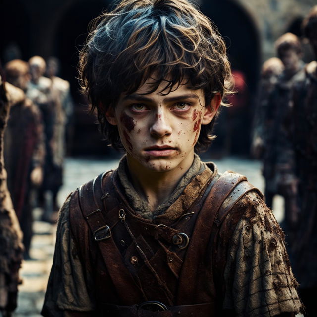 A detailed portrait of a 14-year-old medieval boy squire turned into a zombie, with decayed features and tattered clothing, set in a ruined castle courtyard