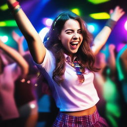 A brunette dressed as a schoolgirl dancing energetically at a rave