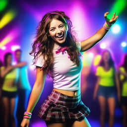 A brunette dressed as a schoolgirl dancing energetically at a rave