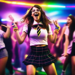 A brunette dressed as a schoolgirl dancing energetically at a rave