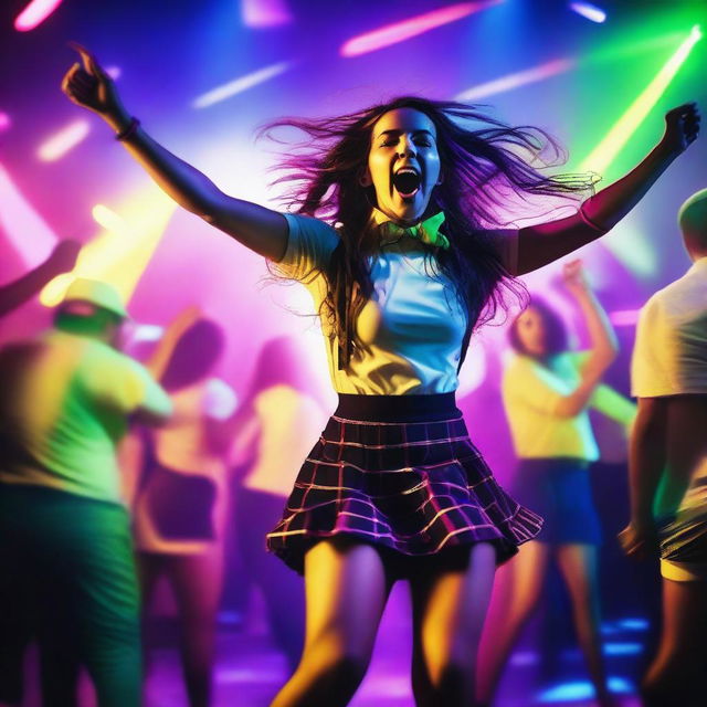 A brunette dressed as a schoolgirl dancing energetically at a rave