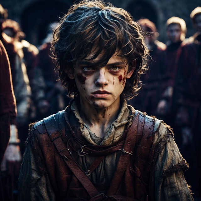 A detailed portrait of a 16-year-old medieval boy squire turned into a zombie, with decayed features and tattered clothing, set in a ruined castle courtyard