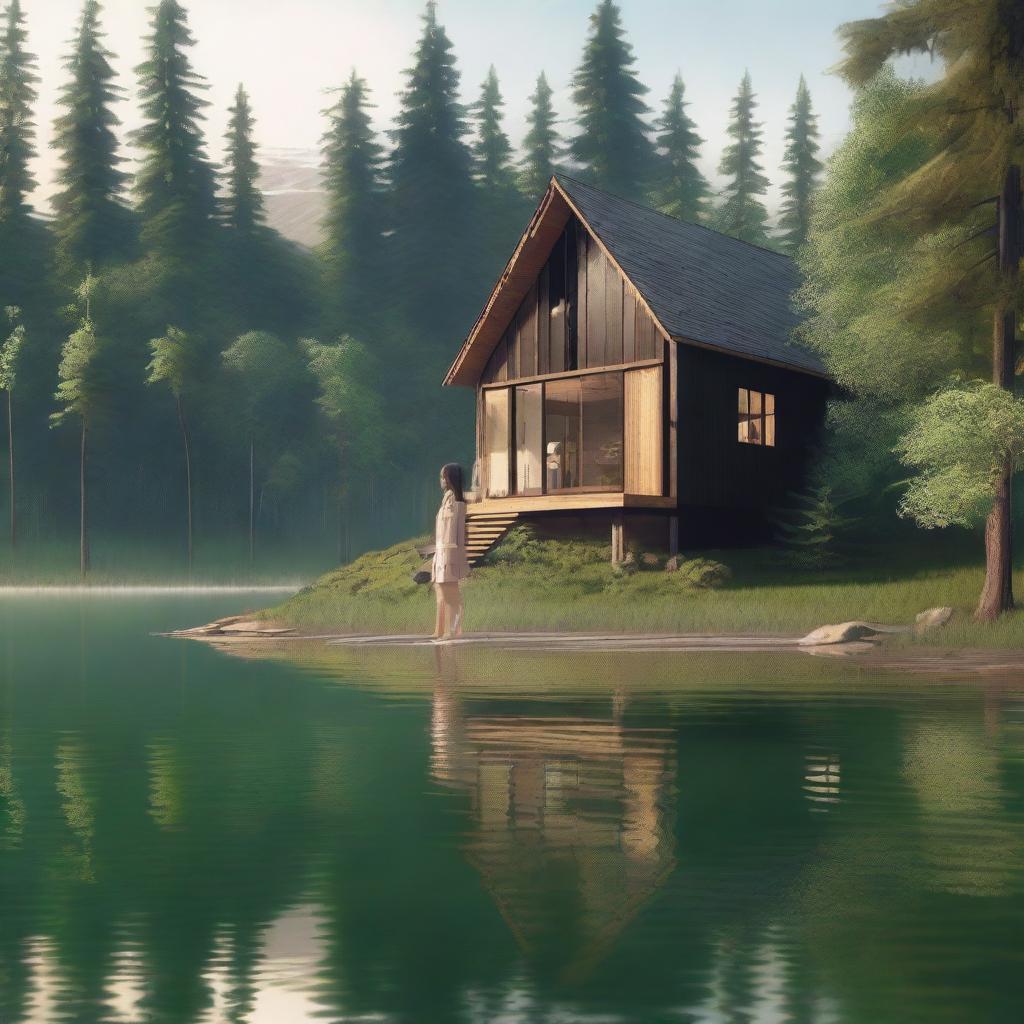 A wooden house by a lake in a forest with a girl wearing stockings