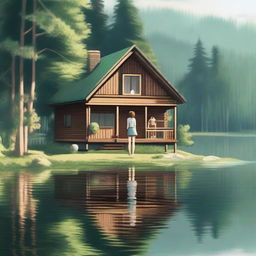 A wooden house by a lake in a forest with a girl wearing stockings