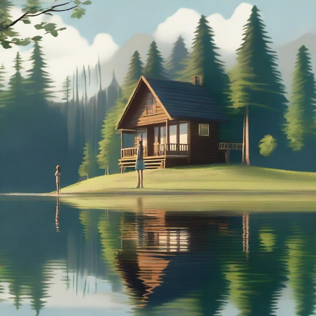 A wooden house by a lake in a forest with a girl wearing stockings