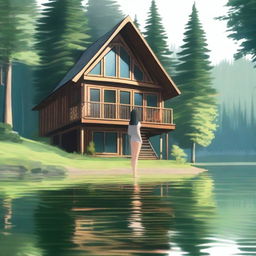 A wooden house by a lake in a forest with a girl wearing stockings