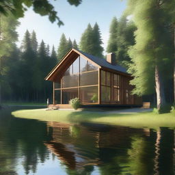 A single-story wooden house with large windows by a lake in a forest