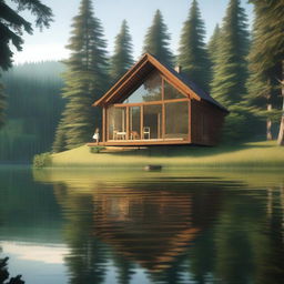 A single-story wooden house with large windows by a lake in a forest