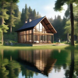 A single-story wooden house with large windows by a lake in a forest