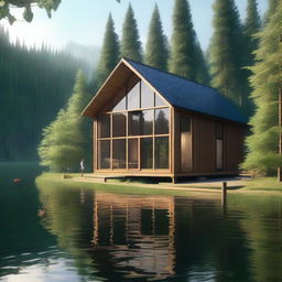 A single-story wooden house with large windows by a lake in a forest