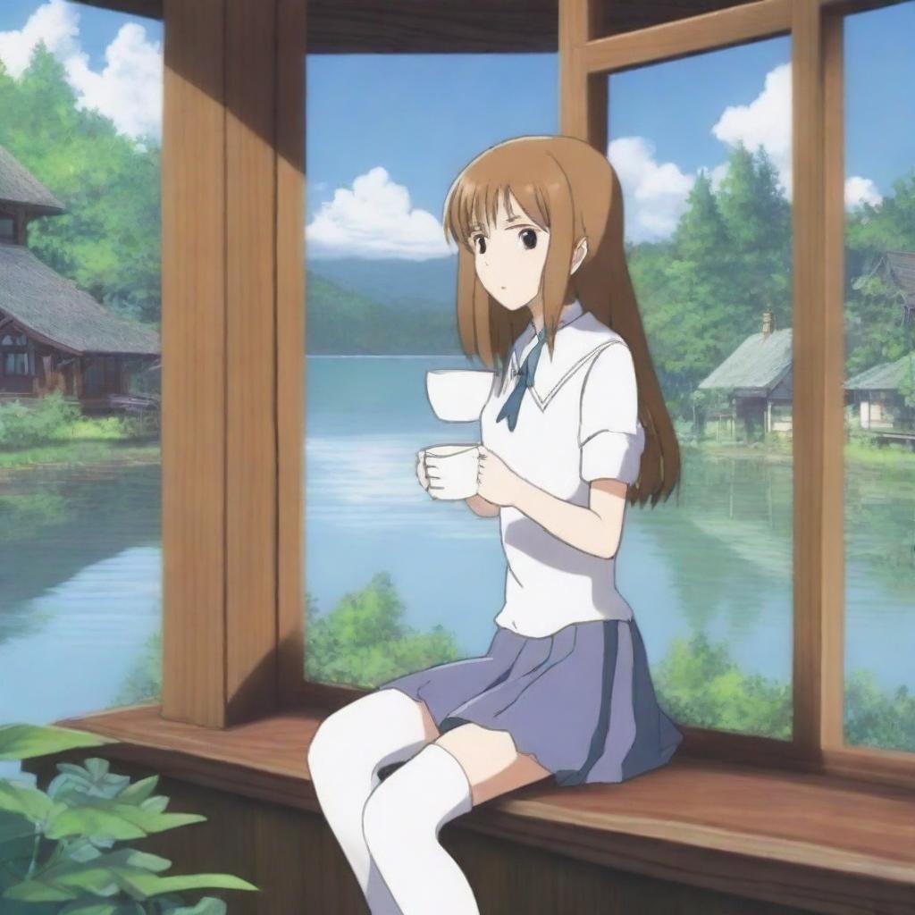 An anime-style girl holding a white coffee mug, wearing stockings