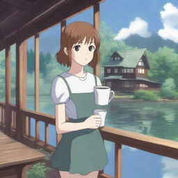 An anime-style girl holding a white coffee mug, wearing stockings