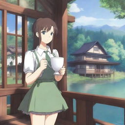 An anime-style girl holding a white coffee mug, wearing stockings