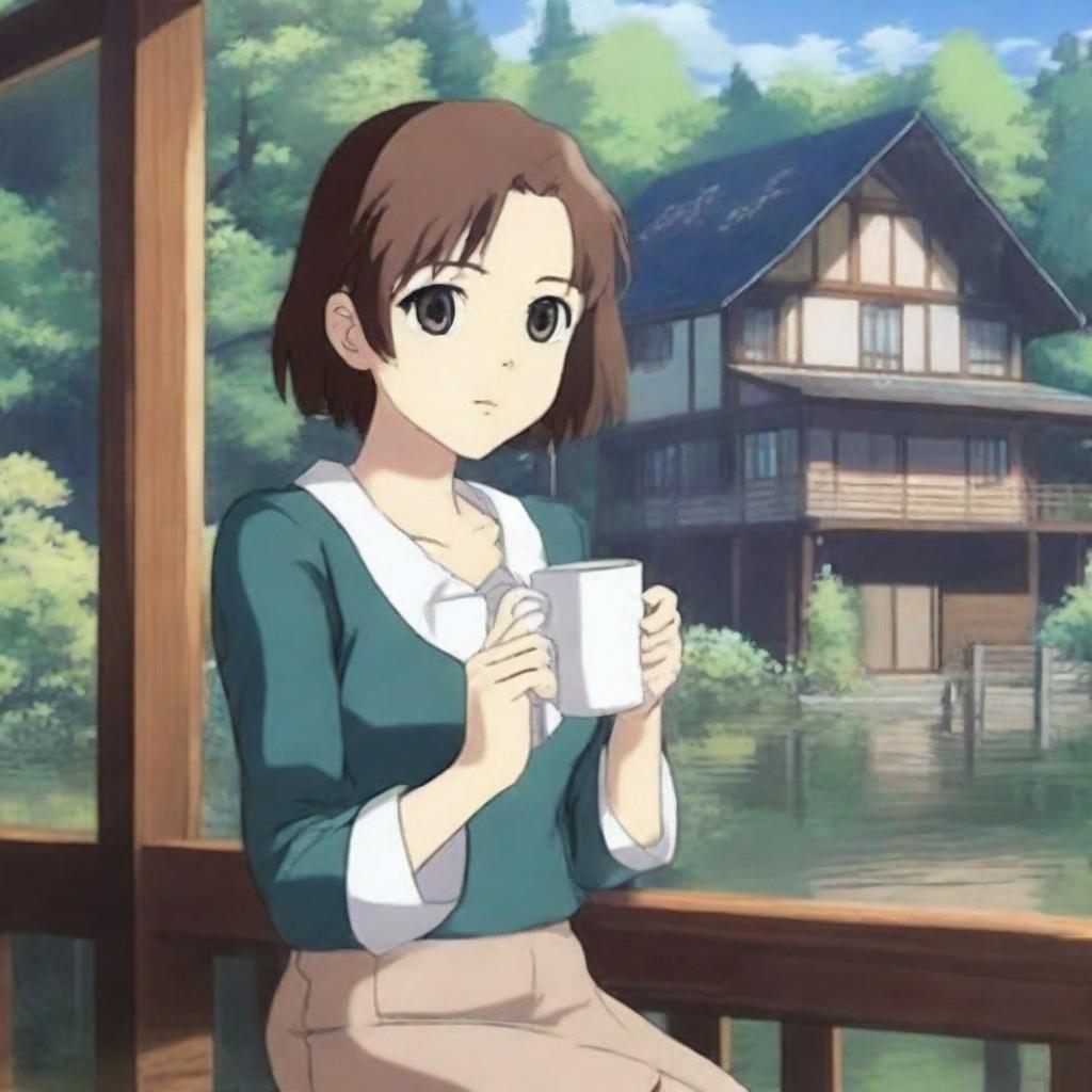 An anime-style girl holding a white coffee mug, wearing stockings