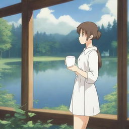 An anime-style girl holding a white coffee mug, wearing stockings