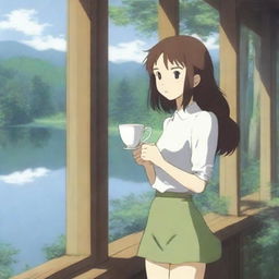 An anime-style girl holding a white coffee mug, wearing stockings