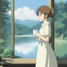 An anime-style girl holding a white coffee mug, wearing stockings