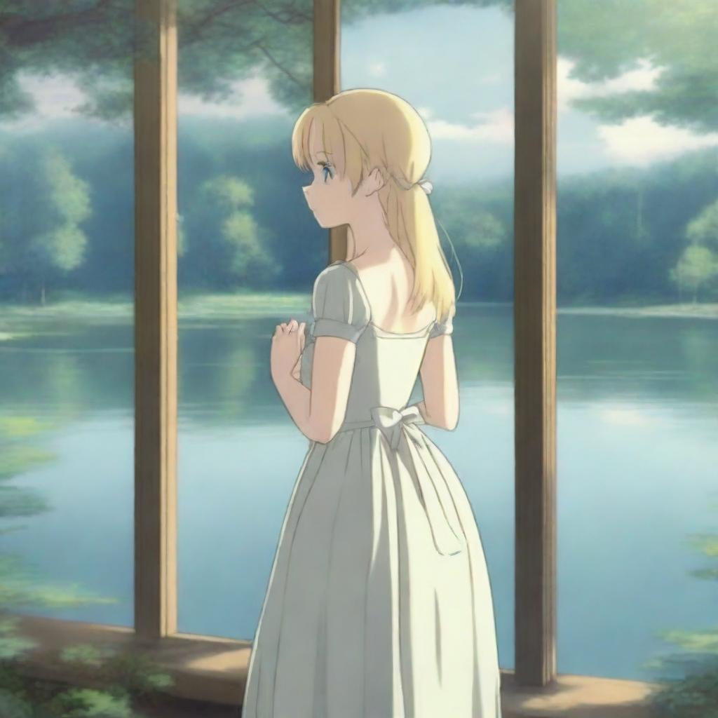 A beautiful blonde girl in a transparent dress and stockings, standing near a large window by a lake in a forest in anime style