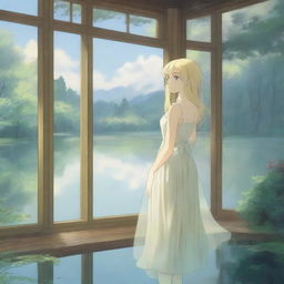 A beautiful blonde girl in a transparent dress and stockings, standing near a large window by a lake in a forest in anime style