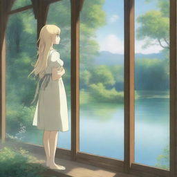 A beautiful blonde girl in a transparent dress and stockings, standing near a large window by a lake in a forest in anime style