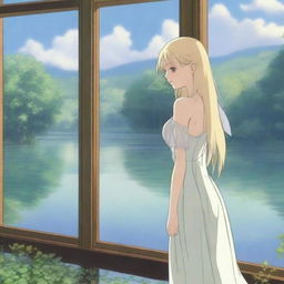 A beautiful blonde girl in a transparent dress and stockings, standing near a large window by a lake in a forest in anime style