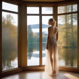 A beautiful blonde woman in a sheer dress and stockings, standing by a large window overlooking a lake in the forest