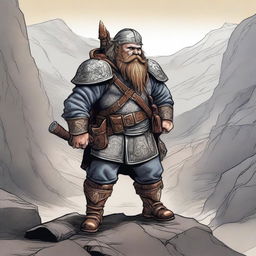 A detailed illustration of a dwarf rifleman standing in a rugged mountainous landscape