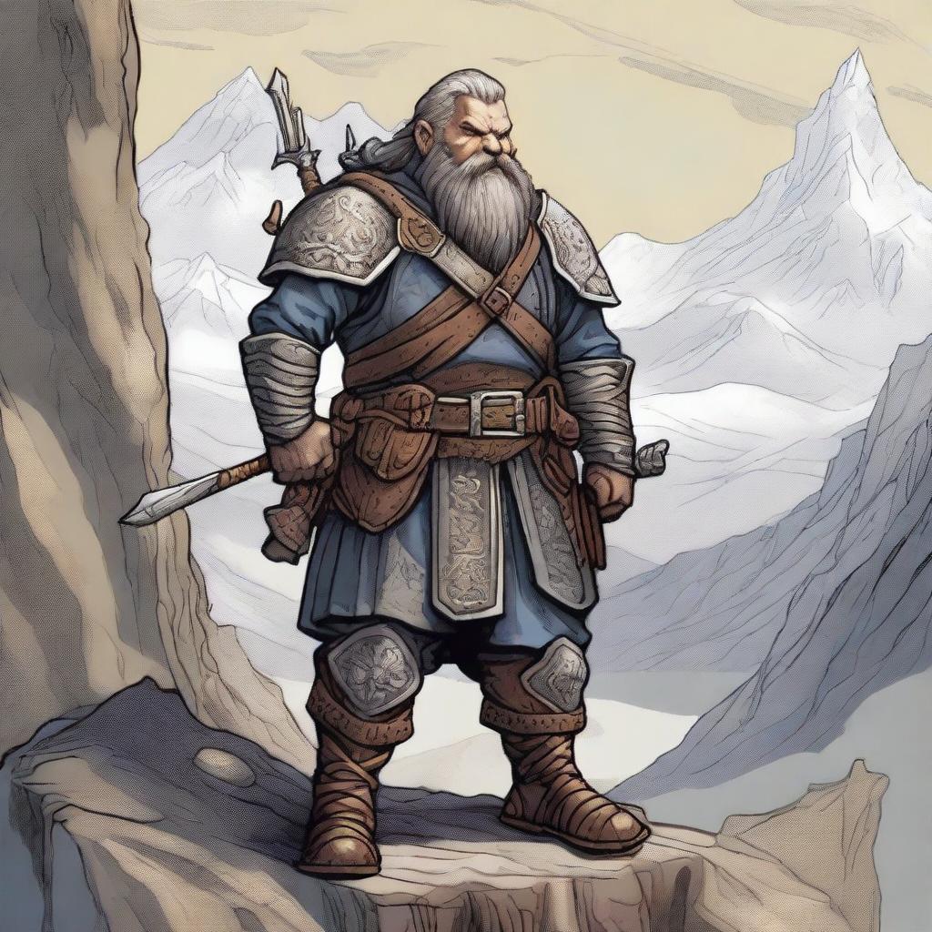 A detailed illustration of a dwarf rifleman standing in a rugged mountainous landscape