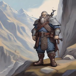 A detailed illustration of a dwarf rifleman standing in a rugged mountainous landscape