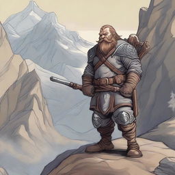 A detailed illustration of a dwarf rifleman standing in a rugged mountainous landscape