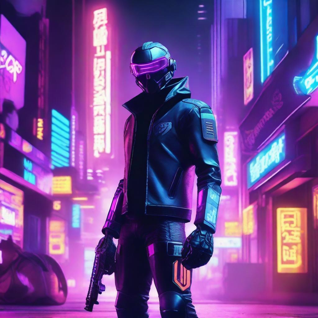 A futuristic, sci-fi gang member standing in a neon-lit alleyway