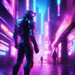 A futuristic, sci-fi gang member standing in a neon-lit alleyway