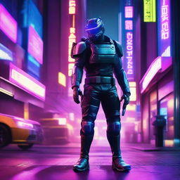 A futuristic, sci-fi gang member standing in a neon-lit alleyway