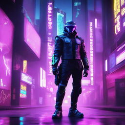 A futuristic, sci-fi gang member standing in a neon-lit alleyway