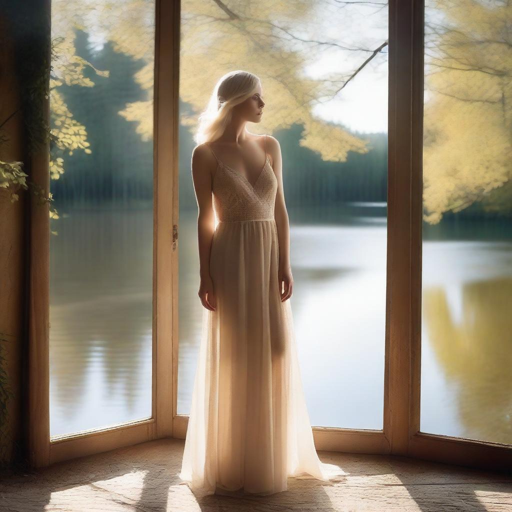 A beautiful blonde woman in a sheer dress standing by a large window overlooking a lake in the forest