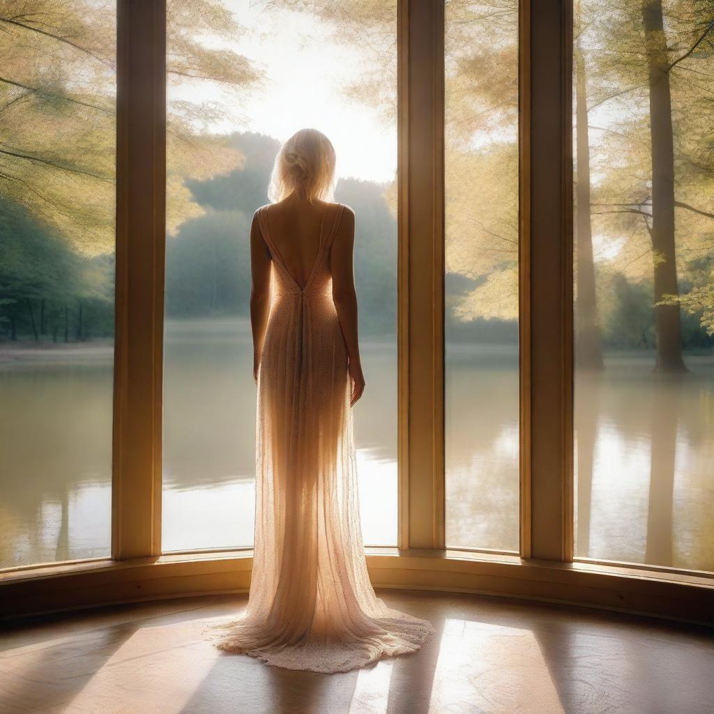 A beautiful blonde woman in a sheer dress standing by a large window overlooking a lake in the forest