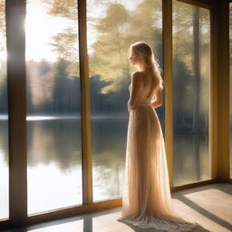 A beautiful blonde woman in a sheer dress standing by a large window overlooking a lake in the forest