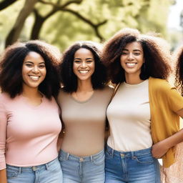 A diverse group of women from different ethnic backgrounds, wearing casual clothing, standing together and smiling