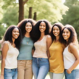 A diverse group of women from different ethnic backgrounds, wearing casual clothing, standing together and smiling