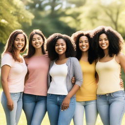 A diverse group of women from different ethnic backgrounds, wearing casual clothing, standing together and smiling