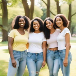 A diverse group of women from different ethnic backgrounds, wearing casual clothing, standing together and smiling