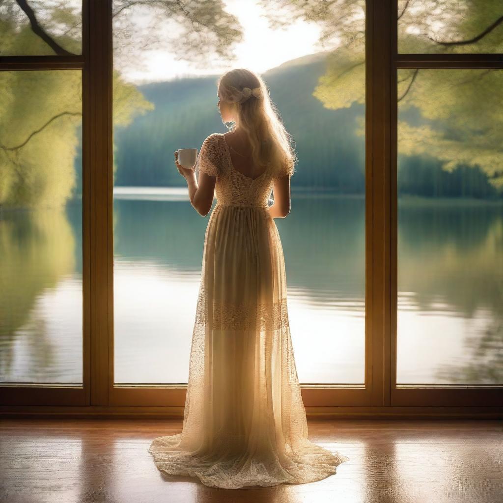 A beautiful blonde woman in a sheer dress holding a steaming cup of coffee, standing by a large window overlooking a lake in a lush green forest