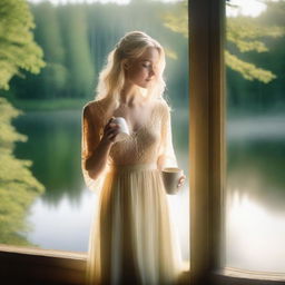 A beautiful blonde woman in a sheer dress holding a steaming cup of coffee, standing by a large window overlooking a lake in a lush green forest