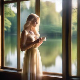 A beautiful blonde woman in a sheer dress holding a steaming cup of coffee, standing by a large window overlooking a lake in a lush green forest