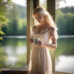 A beautiful blonde woman in a sheer dress holding a steaming cup of coffee, standing by a large window overlooking a lake in a lush green forest